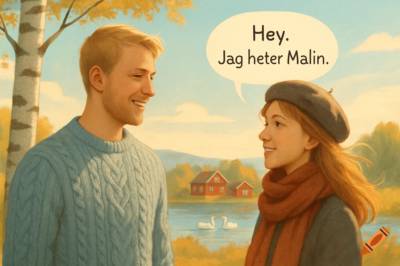 An illustration of a smiling man and woman looking at each other outdoors by a lake with houses. A speech bubble says 'Hey. Jag heter Malin.'
