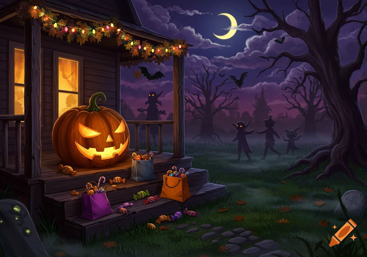 A cartoon Halloween night with a glowing jack-o'-lantern on a porch, candy, and silhouetted trick-or-treaters under a crescent moon.