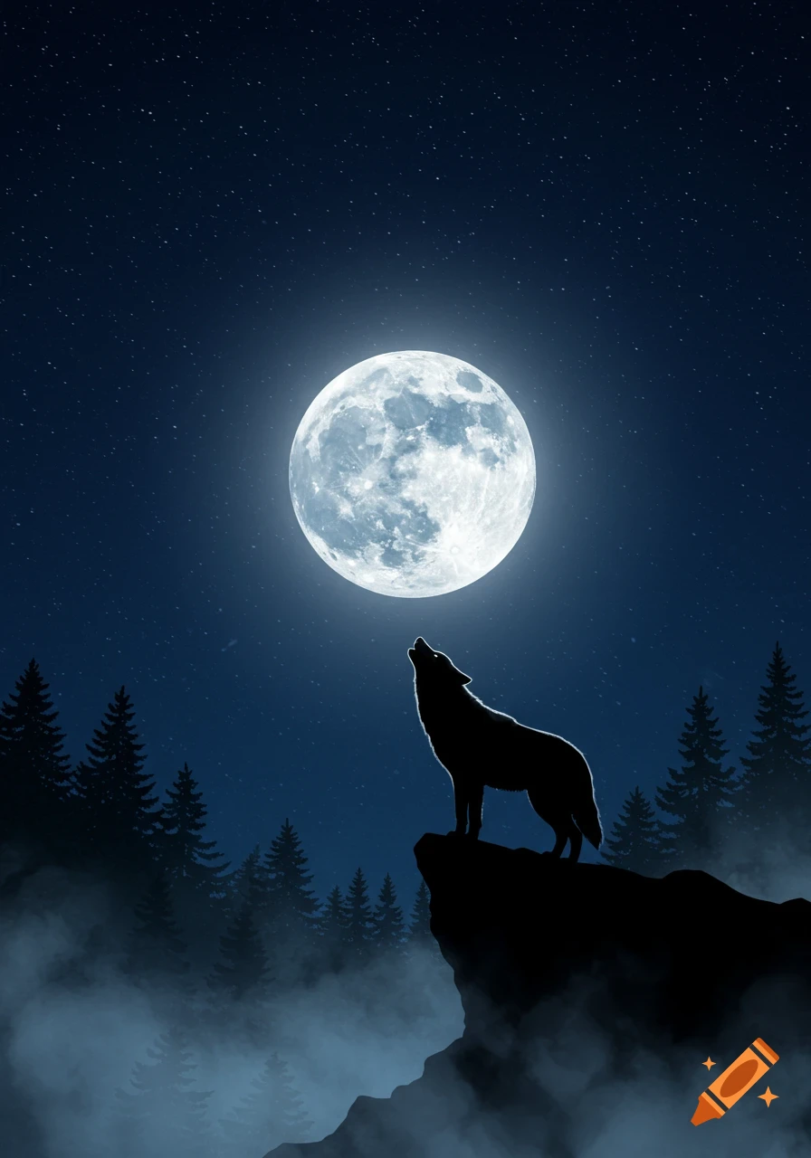 A silhouette of a wolf howling at a large, bright full moon over a misty forest at night with many stars.