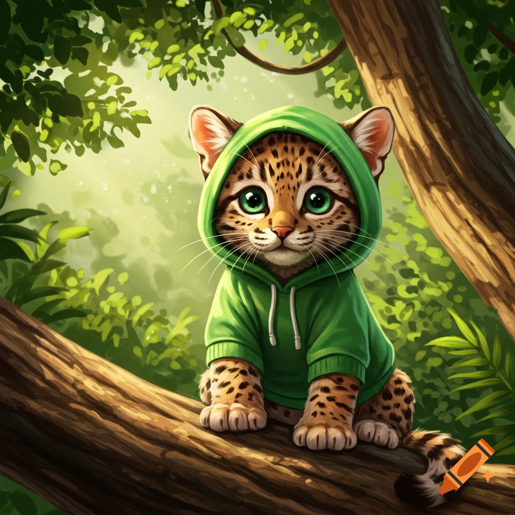 A cute, stylized leopard kitten wearing a green hoodie sits on a thick tree branch in a lush, sunlit forest.