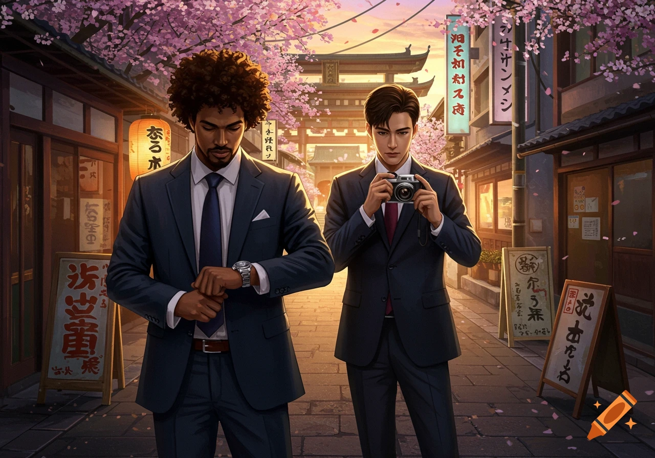 Two men in suits, one looking at a watch, the other holding a camera, on a cherry blossom-lined Japanese street in anime style.