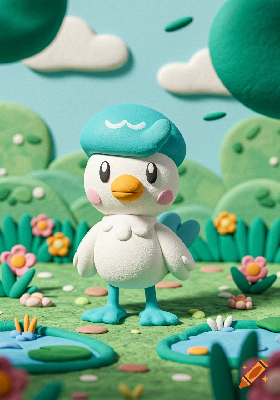 A cute claymation Quaxly from Pokemon stands in a vibrant green landscape with flowers, ponds, and hills under a blue sky.