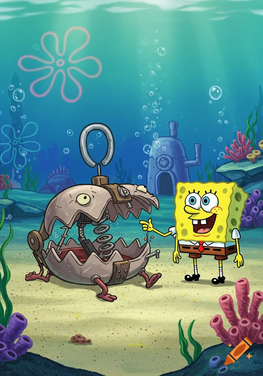 Spongebob Squarepants stands on the sandy ocean floor next to a large, open mechanical clam trap, in a vibrant cartoon style.