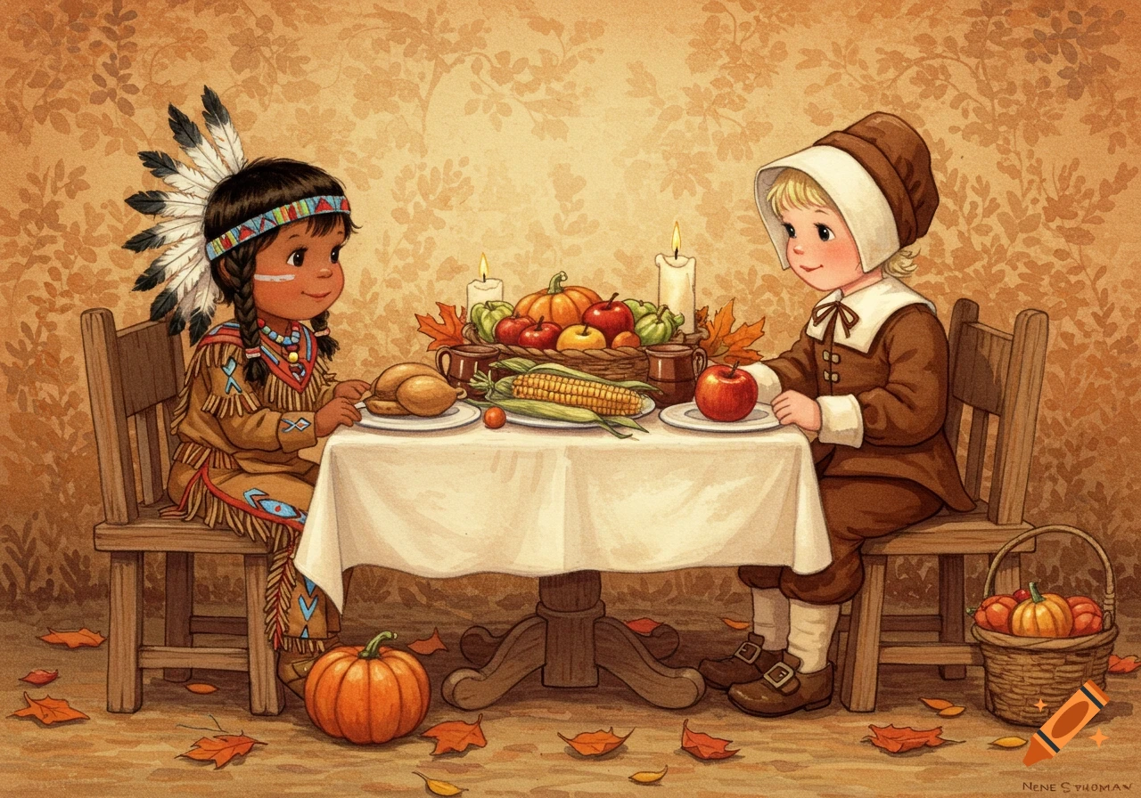 A whimsical illustration shows a Native American child and a Pilgrim child sharing a Thanksgiving dinner table with food and autumn leaves.