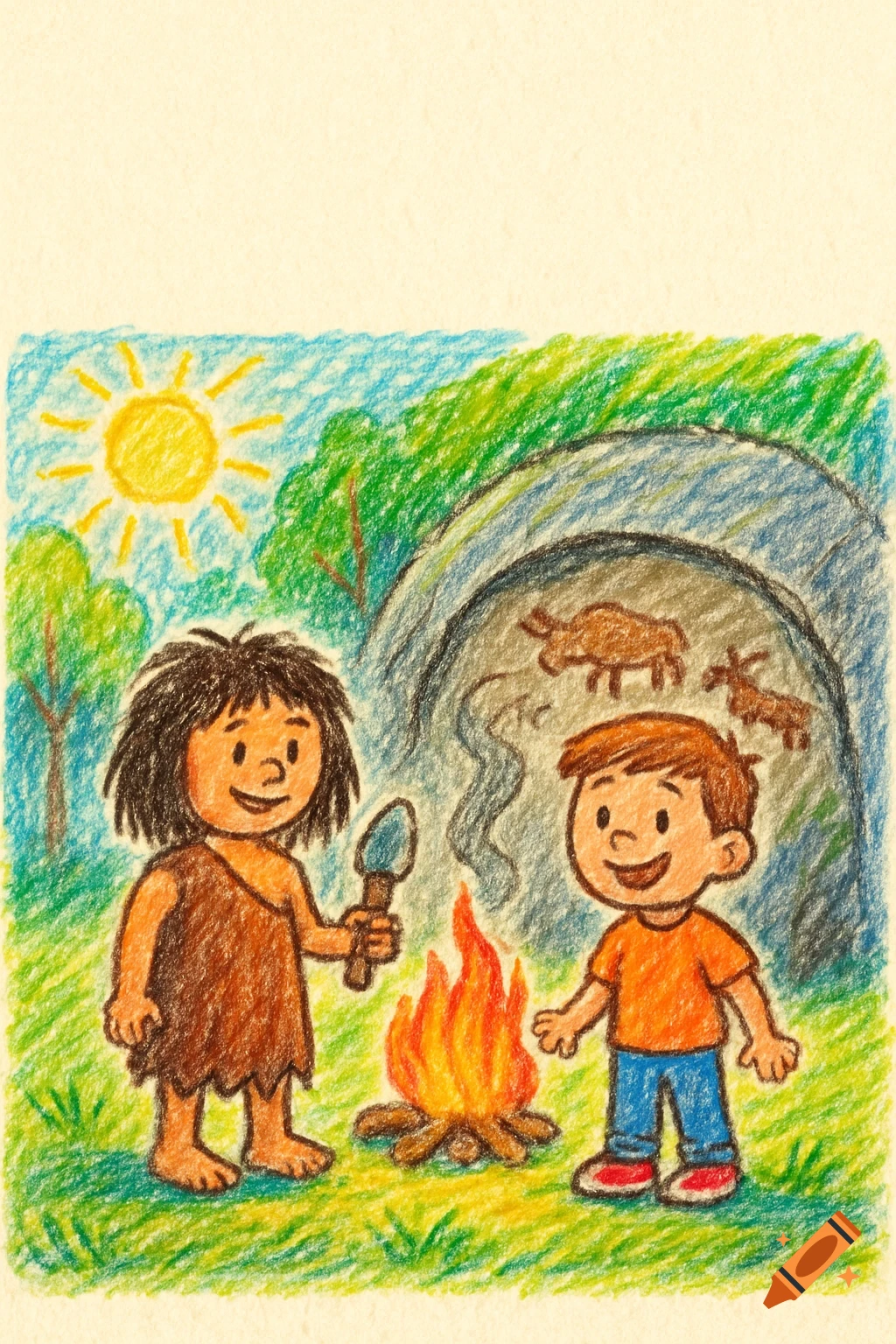 A colorful crayon drawing of a cave girl and a modern boy by a campfire, with cave paintings of animals in the background.
