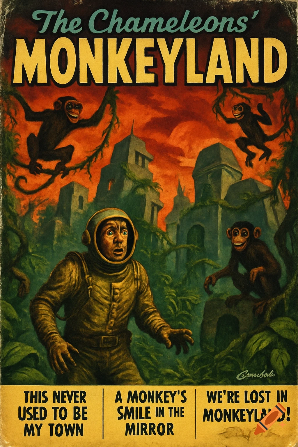 A retro pulp sci-fi magazine cover showing a surprised astronaut amidst monkeys and jungle ruins under a crimson sky, titled 'The Chameleons' MONKEYLAND'.