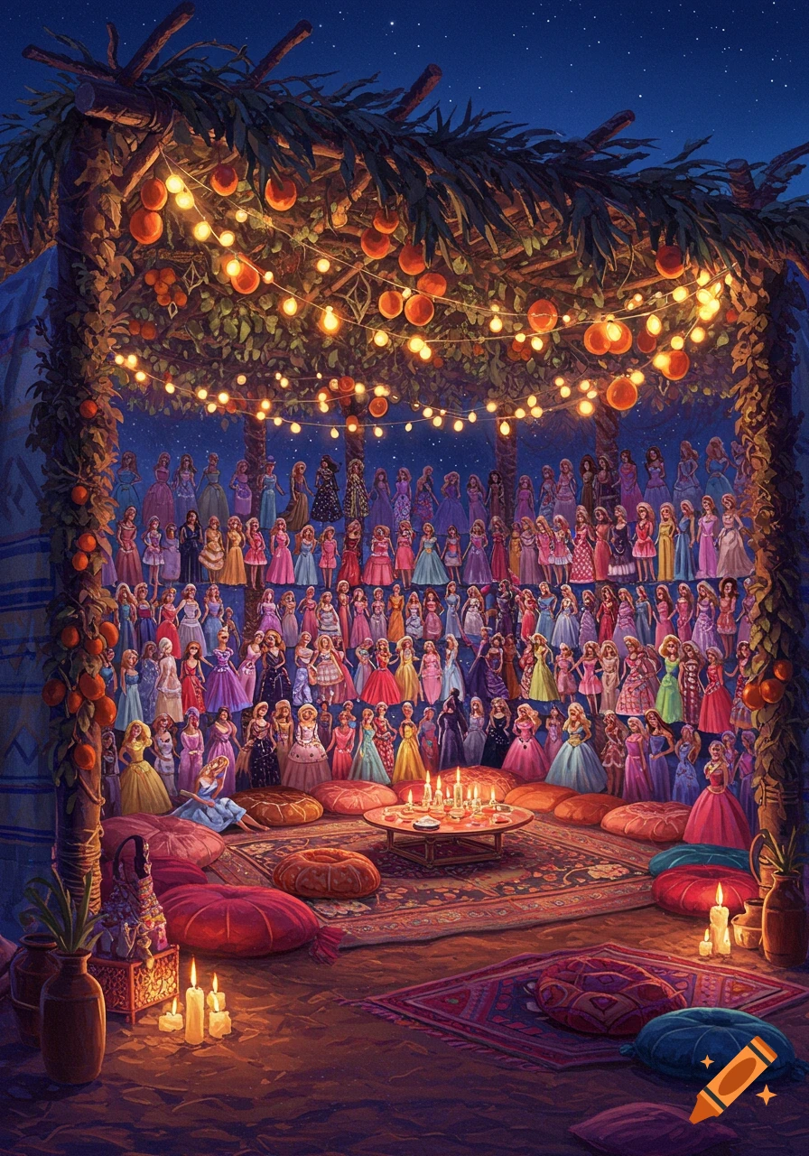 An illustrated sukkah at night, adorned with string lights and oranges, filled with hundreds of Barbie-like dolls, cushions, and lit candles.