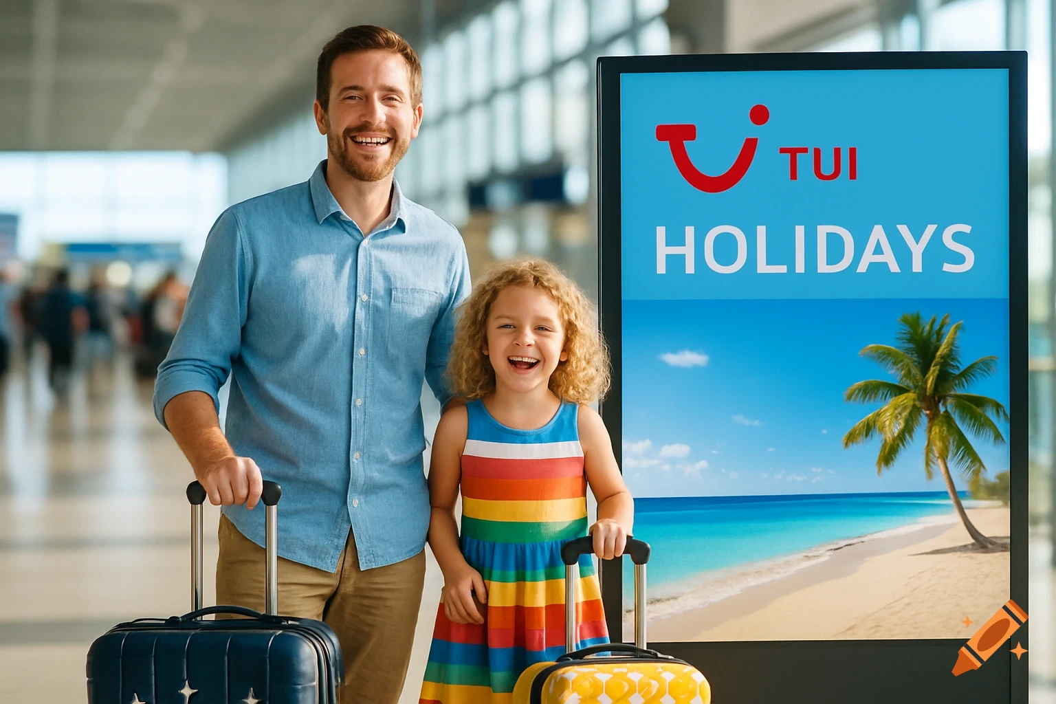 A smiling father and daughter with luggage in an airport next to a 'TUI HOLIDAYS' sign showing a beach, photorealistic style.