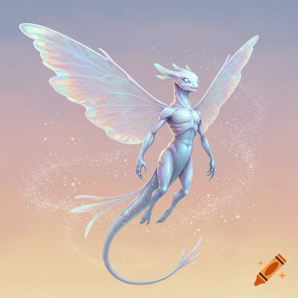 A translucent, iridescent dragon-like creature with large insectoid wings and a long tail floats against a pastel sky.