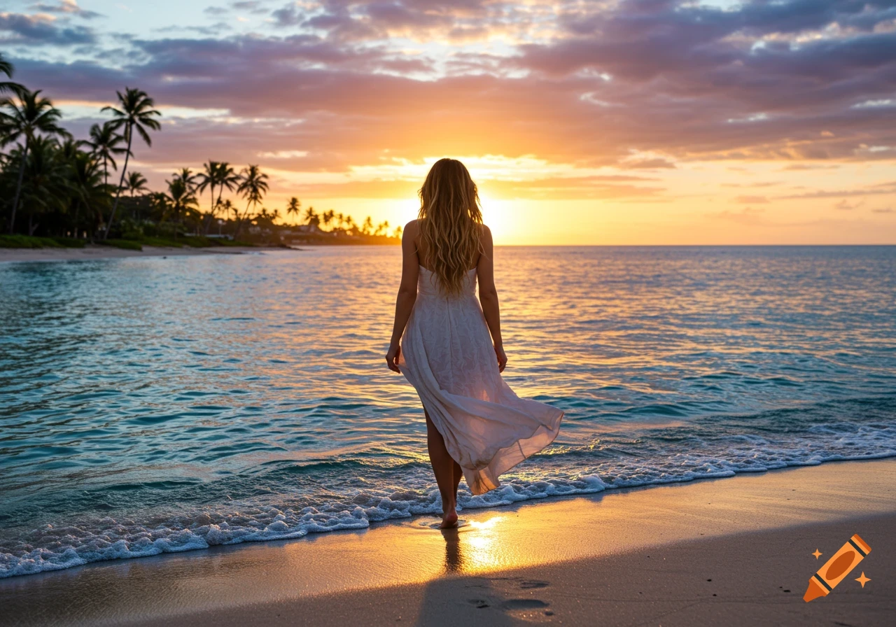 A woman in a white dress walks into the ocean at a tropical beach during a vibrant sunset, viewed from behind.