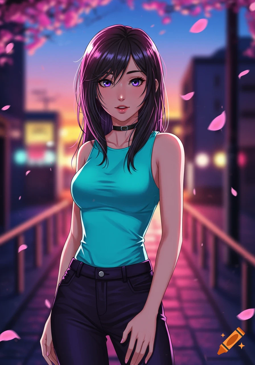An anime girl with dark hair and purple eyes wears a teal tank top and dark pants, standing on a bridge at sunset with pink cherry blossom petals falling.