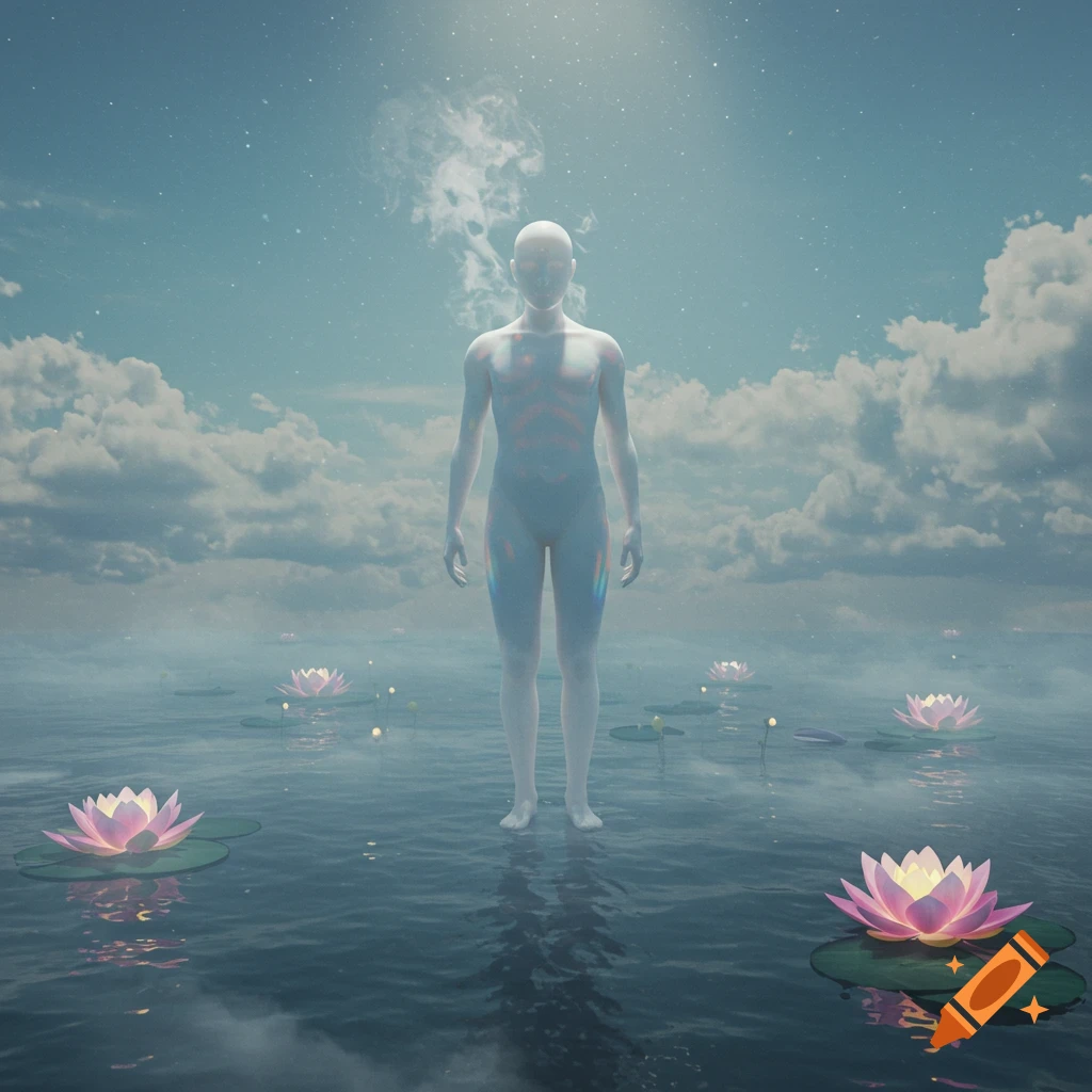 A translucent, ghostly human figure stands in calm water surrounded by glowing pink lotus flowers under a cloudy, star-speckled sky.