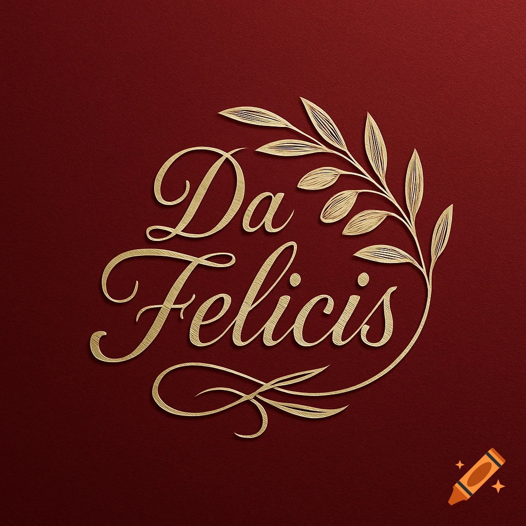 Elegant gold script logo "Da Felicis" with a decorative leaf branch on a textured dark red background.