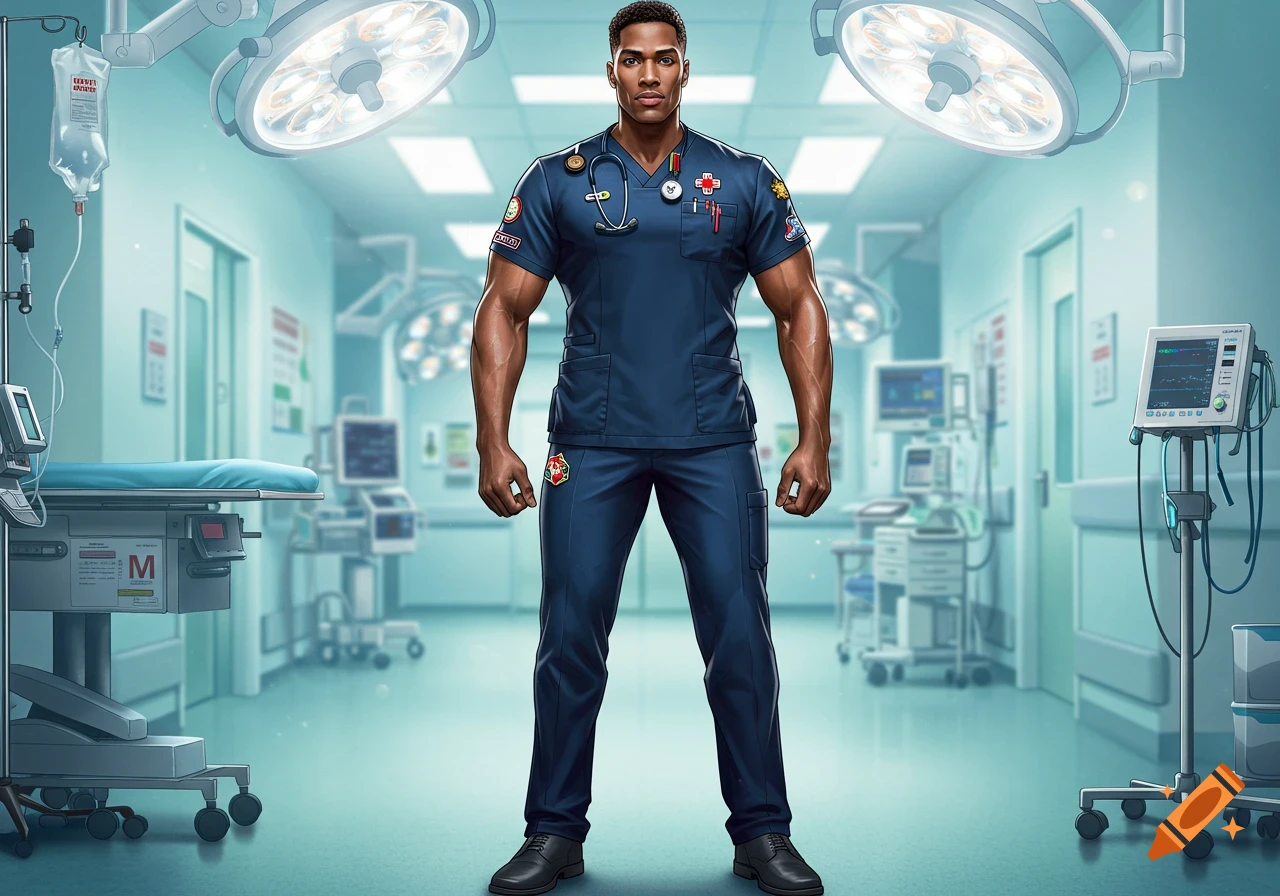 A muscular Black male nurse in blue scrubs stands confidently in an operating room surrounded by medical equipment.