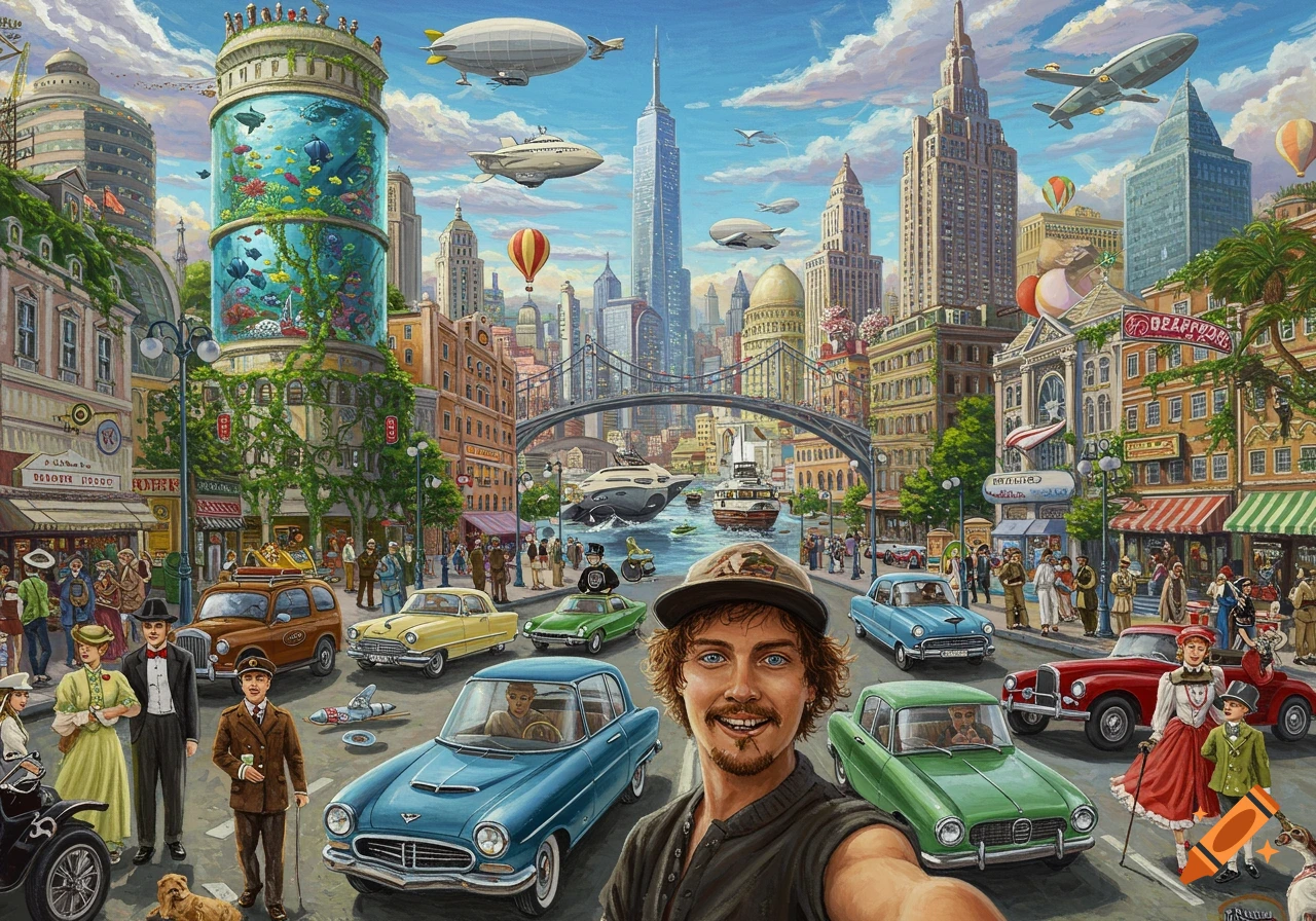 A man takes a selfie in a vibrant, colorful retro-futuristic city with classic cars, futuristic vehicles, blimps, and an aquarium skyscraper.