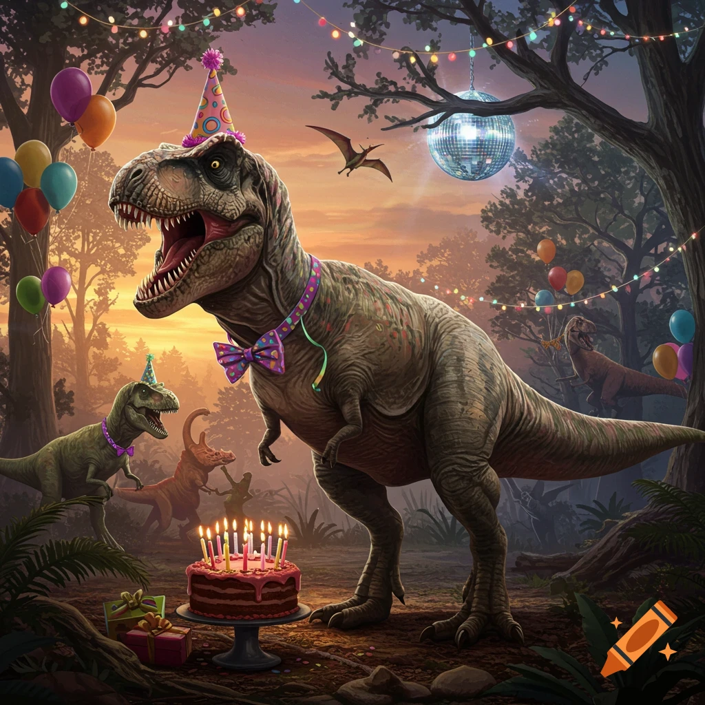 An illustrated T-Rex wearing a party hat and bow tie next to a birthday cake, with other dinosaurs and festive decorations in a forest.