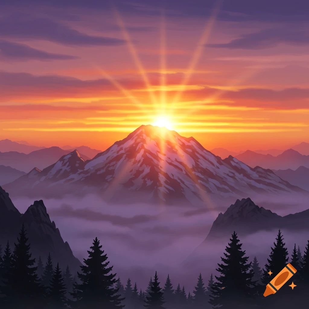 Vibrant illustration of a sunrise over a snow-capped mountain range, with mist in the valleys and silhouetted pine trees in the foreground.