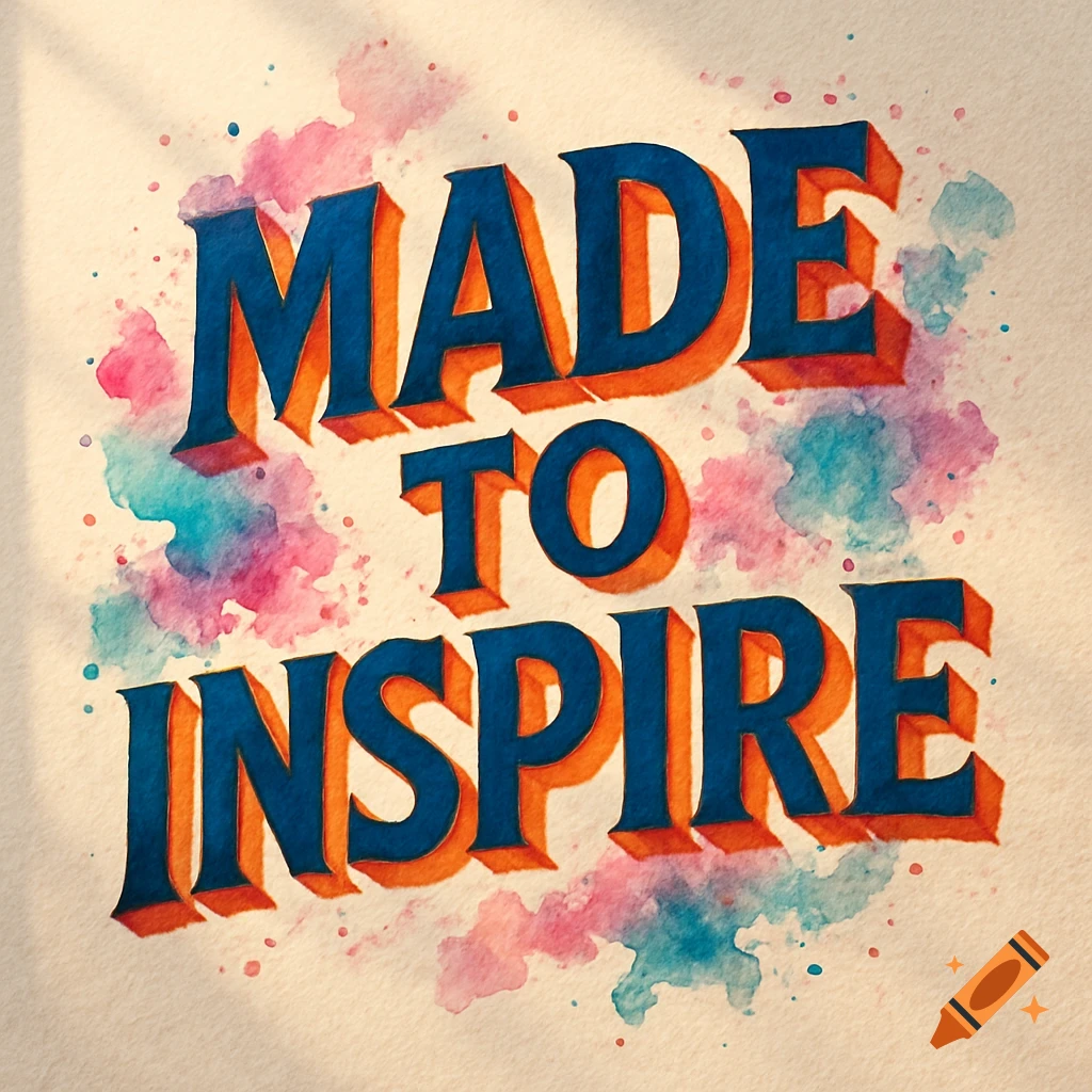 Bold blue and orange text 'MADE TO INSPIRE' on a textured paper background with pink and blue watercolor splashes.