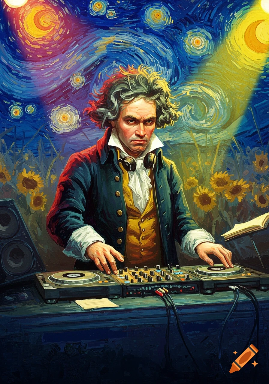 A Van Gogh-style painting of Beethoven with headphones, intensely mixing music at a DJ booth under a starry night sky with sunflowers.