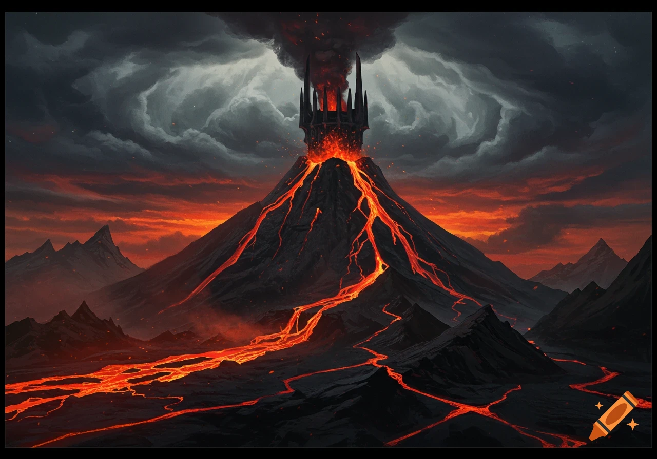 A dark fantasy landscape featuring a volcanic mountain erupting with lava, topped by a menacing dark fortress under a stormy, fiery sky.