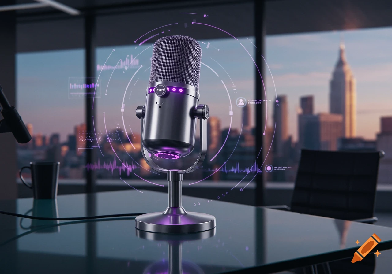 A modern silver podcast microphone with glowing purple accents and holographic tech elements on a reflective desk in a high-rise office, overlooking a city skyline at dusk.
