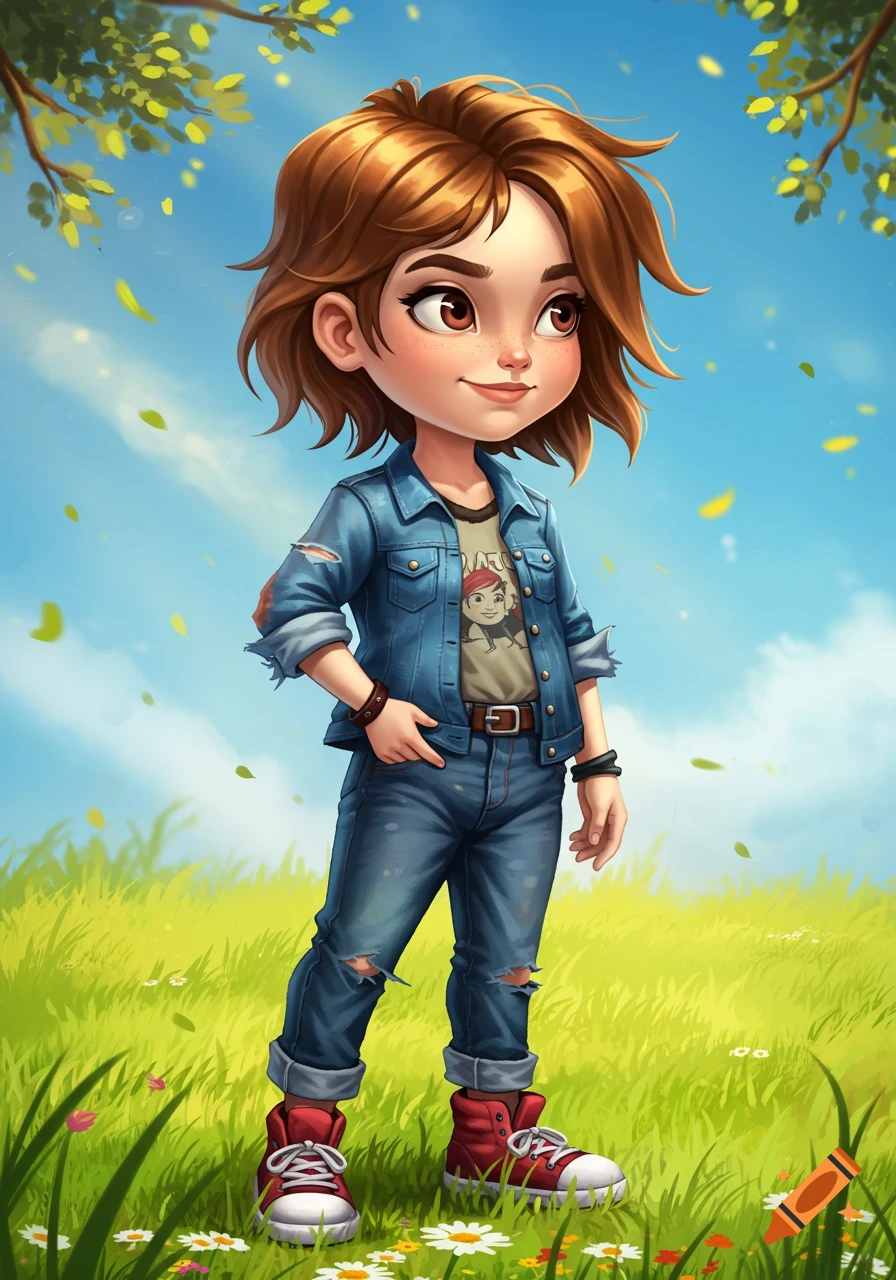 A cute, stylized cartoon girl with short brown hair in a denim jacket and jeans stands in a sunny, green field with flowers and falling leaves.
