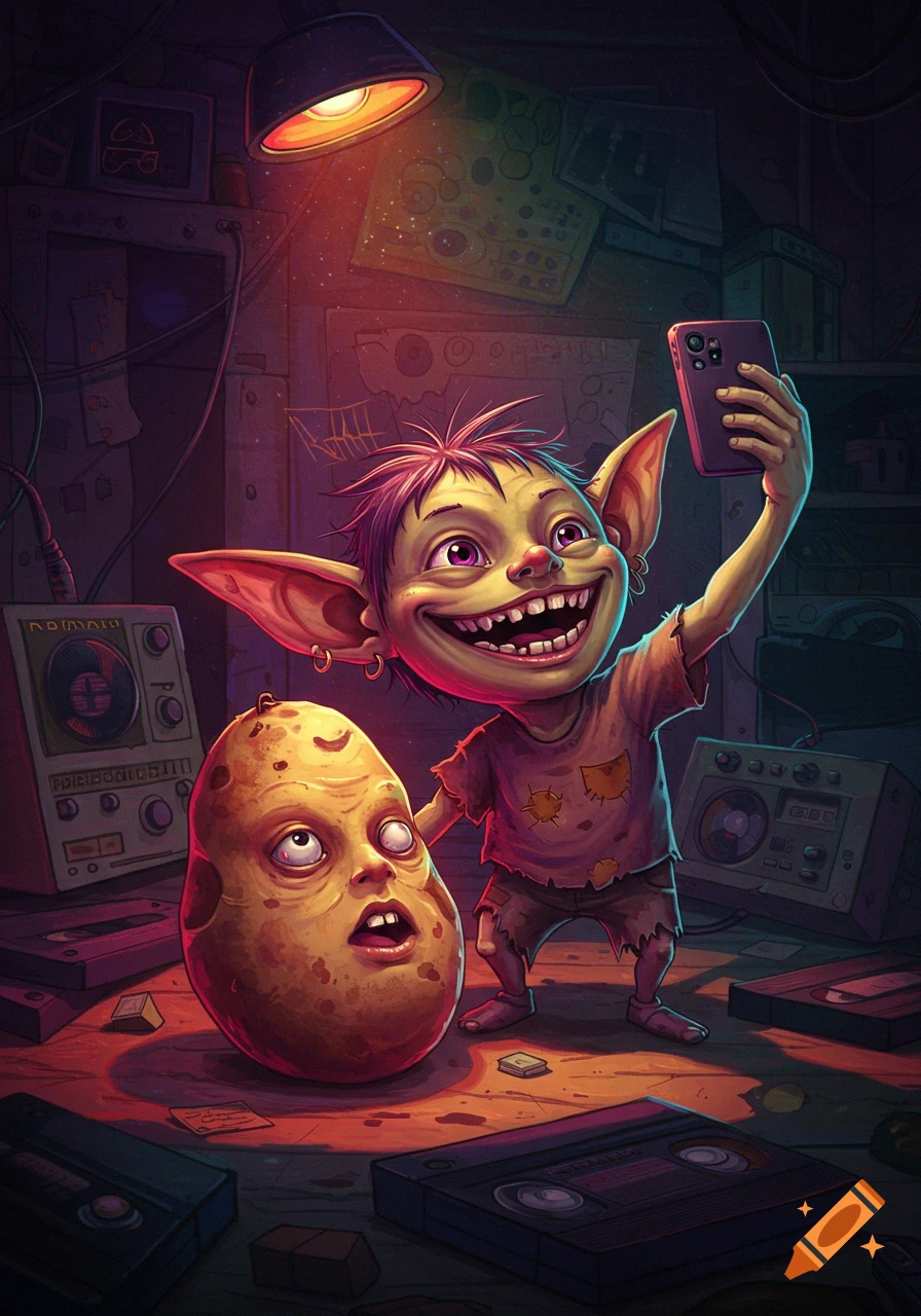 A grinning cartoon goblin takes a selfie with a large, shocked potato in a cluttered room with vaporwave colors.