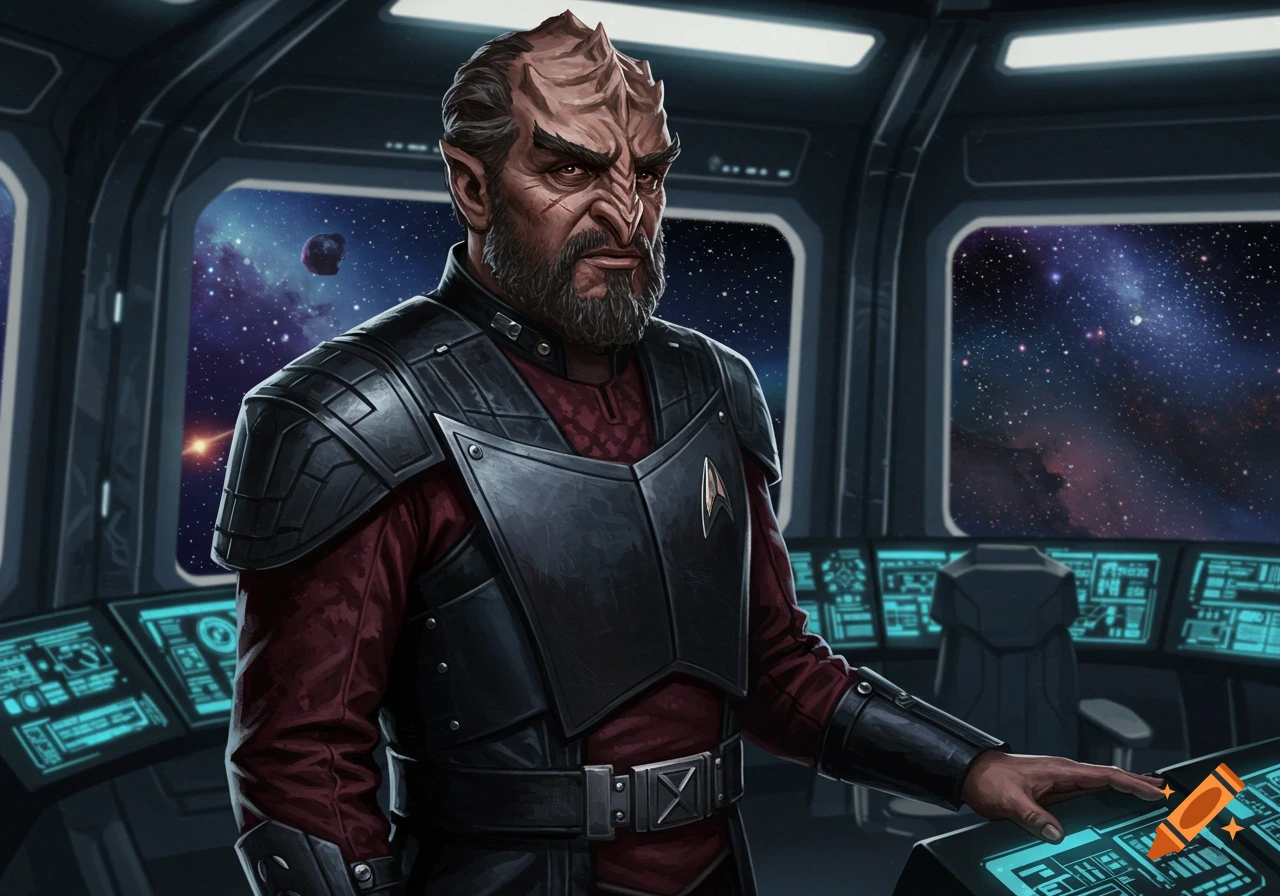 A grizzled Klingon captain in dark armor stands on a spaceship bridge with his hand on a console, looking out at space.
