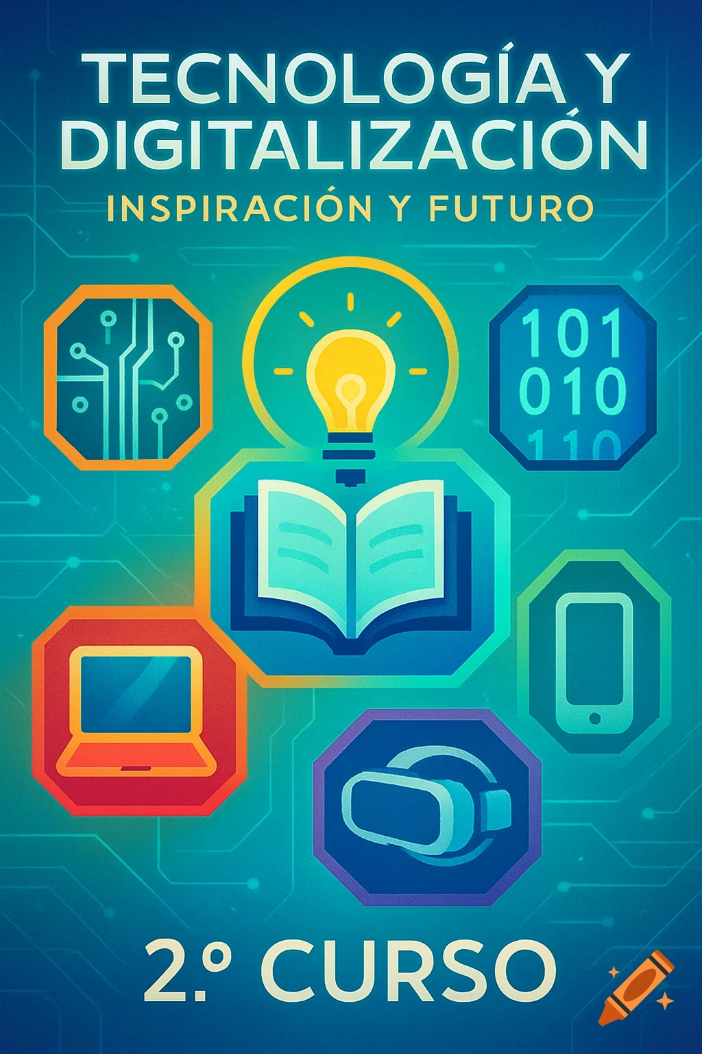 A colorful educational poster titled 'TECNOLOGÍA Y DIGITALIZACIÓN' and 'INSPIRACIÓN Y FUTURO' with '2.° CURSO' at the bottom. It features icons of a circuit board, lightbulb, open book, binary code, laptop, smartphone, and VR headset against a blue-green circuit-patterned background.