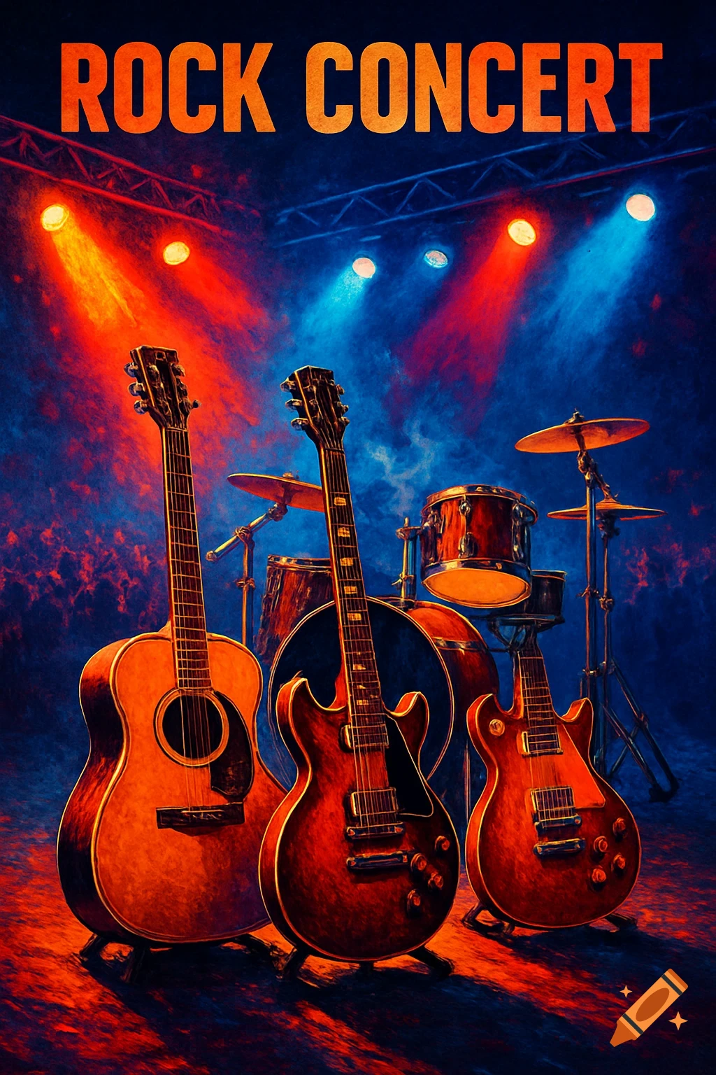 "ROCK CONCERT" text over an acoustic and electric guitars, drum set on a stage with vibrant red and blue concert lighting, in a stylized art style.