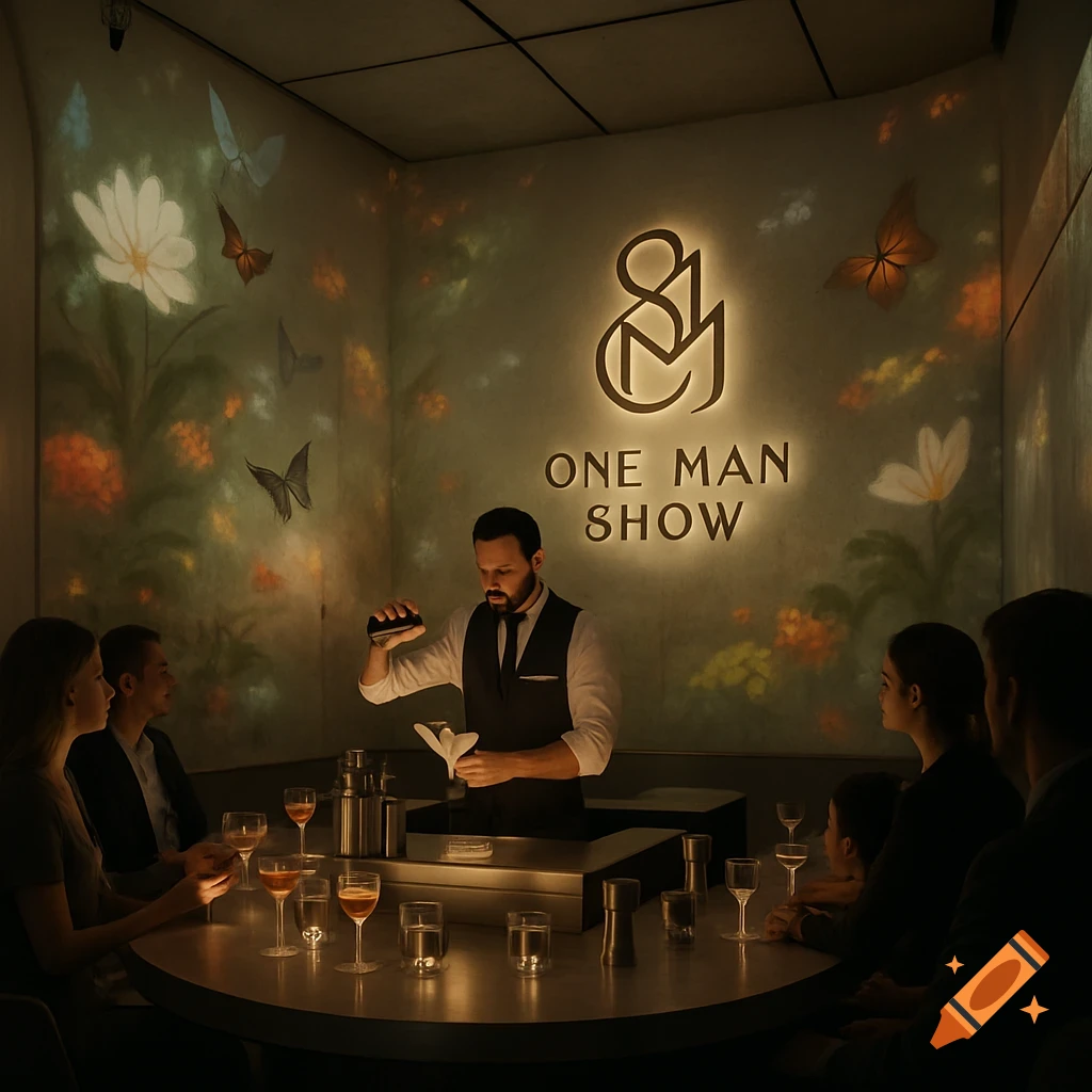 A bartender prepares cocktails at a circular bar for patrons in a dimly lit, luxurious venue with projected butterflies and flowers on the walls. A glowing "ONE MAN SHOW" sign is visible above the bar.