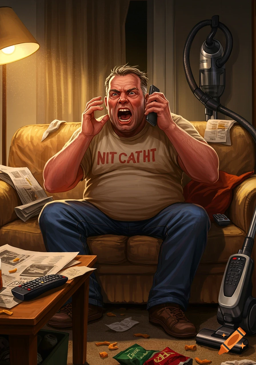 Illustration of an angry man yelling into a phone while sitting on a couch in a messy living room, with a vacuum cleaner nearby.