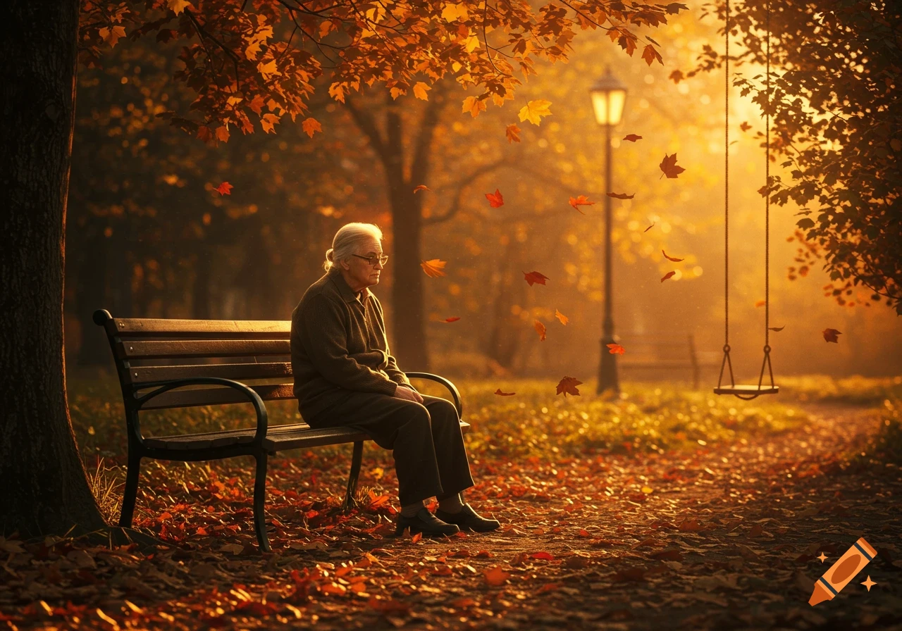 An elderly person sits alone on a park bench in warm autumn sunlight with falling leaves, a lamppost, and a swing.