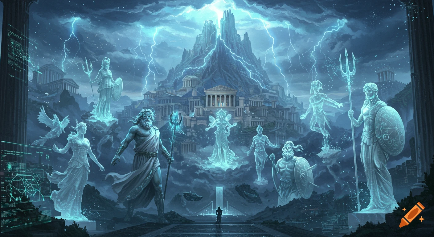 Ethereal Greek gods, including Zeus and Poseidon, surround a lightning-struck mountain city, with a lone human figure below, in a dramatic digital art style.