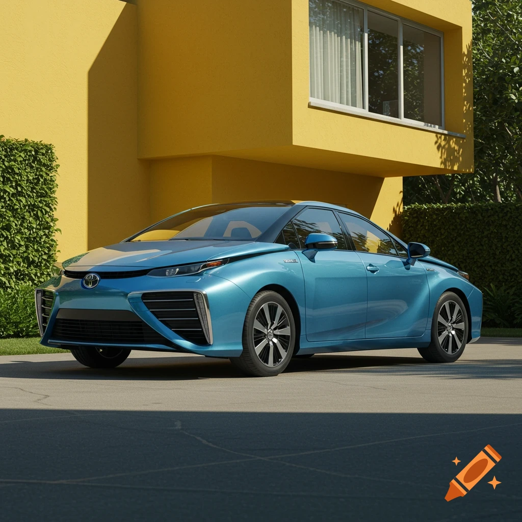 A vibrant sky blue metallic 2017 Toyota Mirai car is parked in a driveway in front of a yellow suburban house.