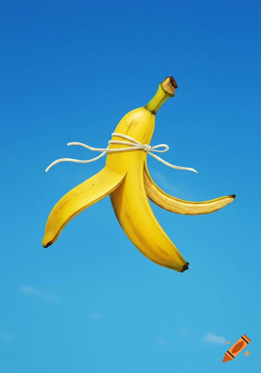 A peeled banana, with its yellow skin pulled back, is tied around the middle with white string, floating against a clear blue sky.