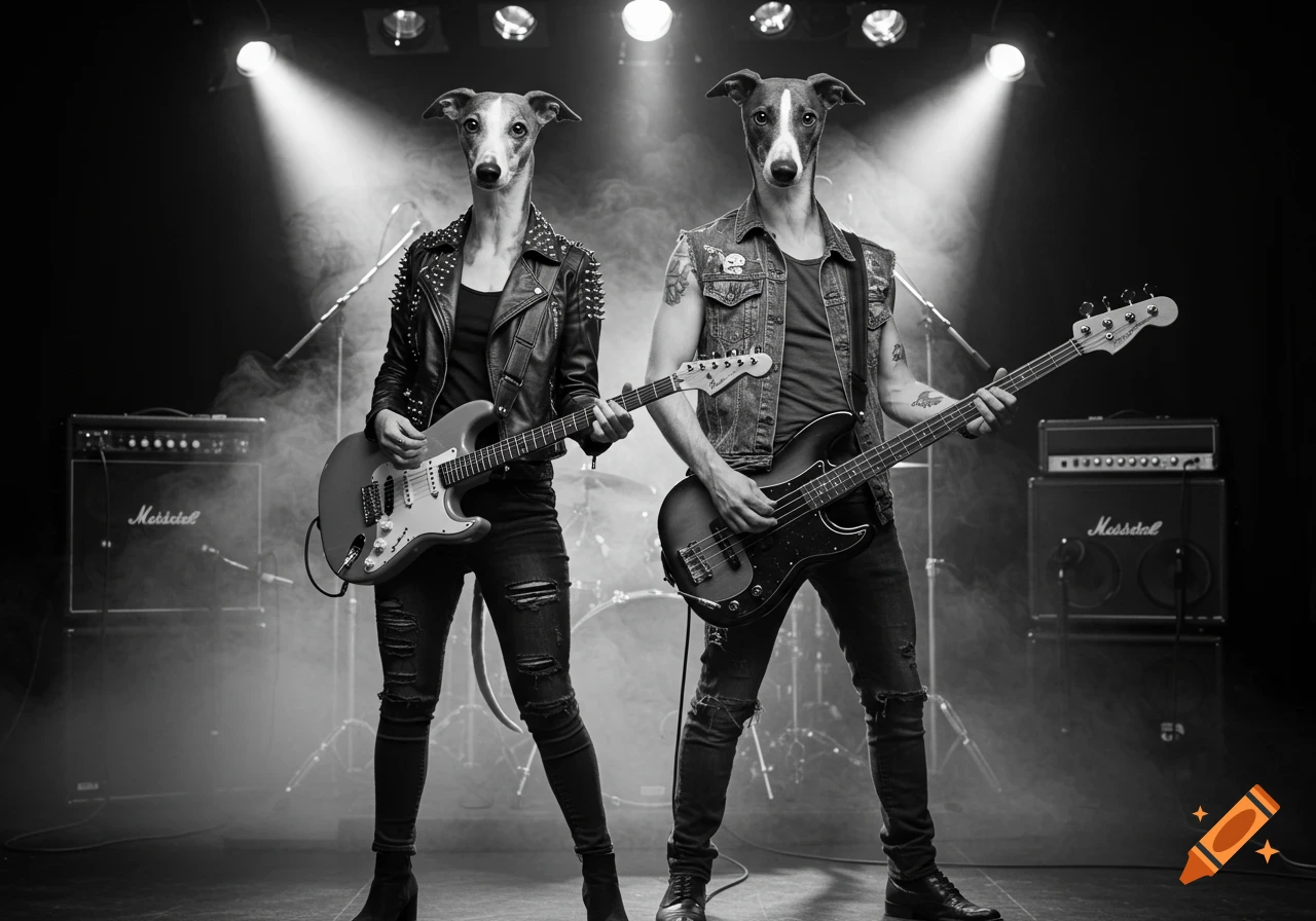 Black and white photo of two whippet-headed rock musicians, one playing electric guitar, the other bass guitar, on a smoky stage with spotlights.