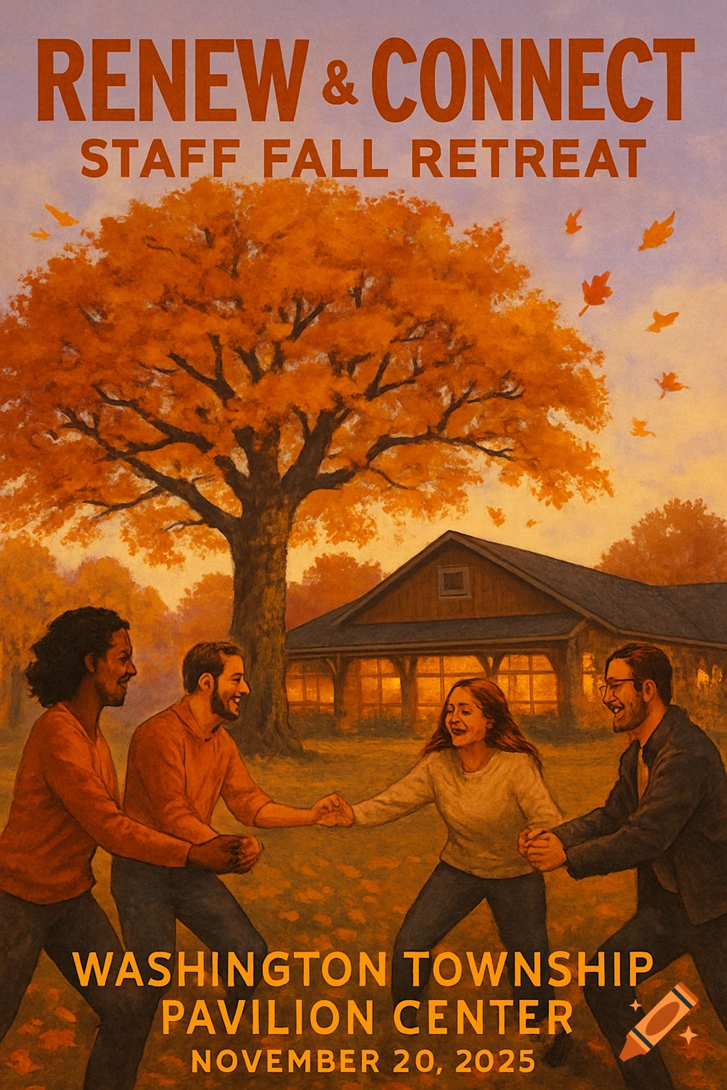 Four diverse people smiling and holding hands at a fall staff retreat under a vibrant orange autumn tree with a pavilion in the background. Text reads "RENEW & CONNECT STAFF FALL RETREAT WASHINGTON TOWNSHIP PAVILION CENTER NOVEMBER 20, 2025".