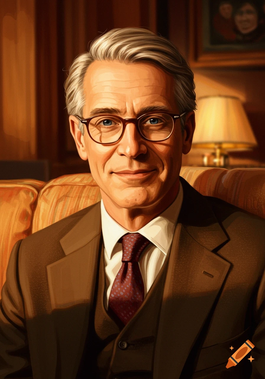 Illustrative portrait of a distinguished man with gray hair and glasses, wearing a brown suit, smiling in a warm setting.