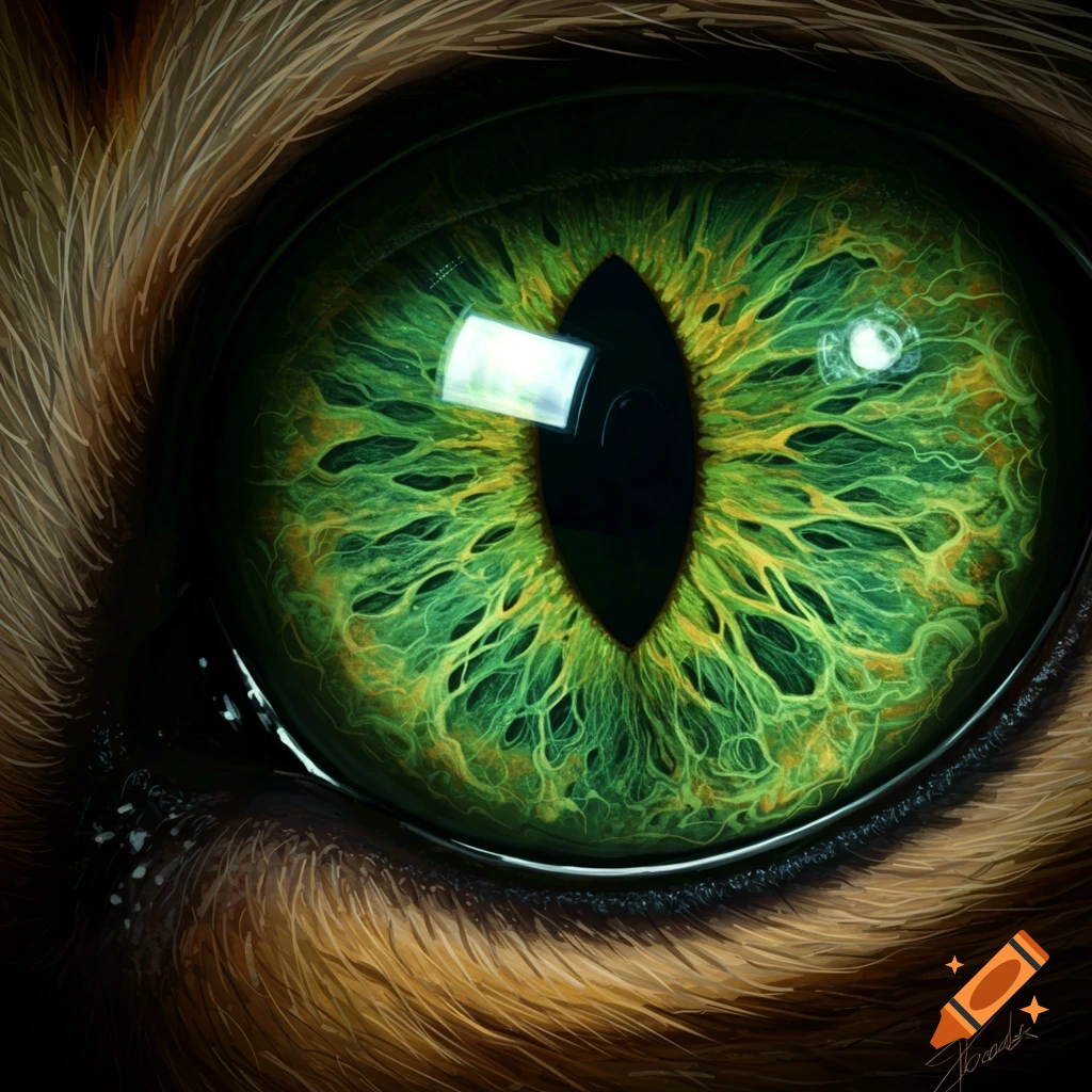 Ultra-realistic close-up of a cat's green eye with a vertical slit pupil, vibrant green and gold iris, and furry brown skin.