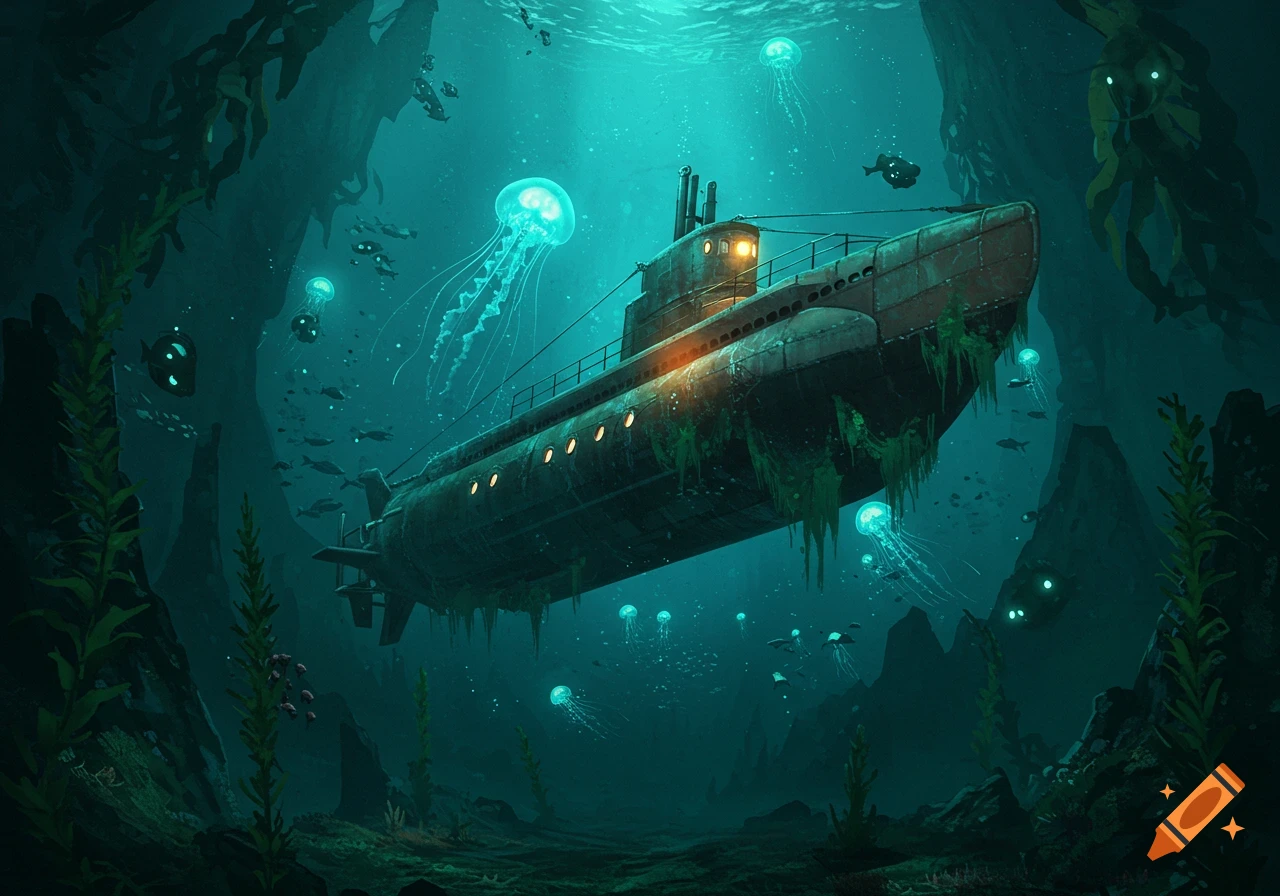 Digital painting of a barnacle-covered submarine in a deep-sea gorge, surrounded by glowing jellyfish and schools of fish.