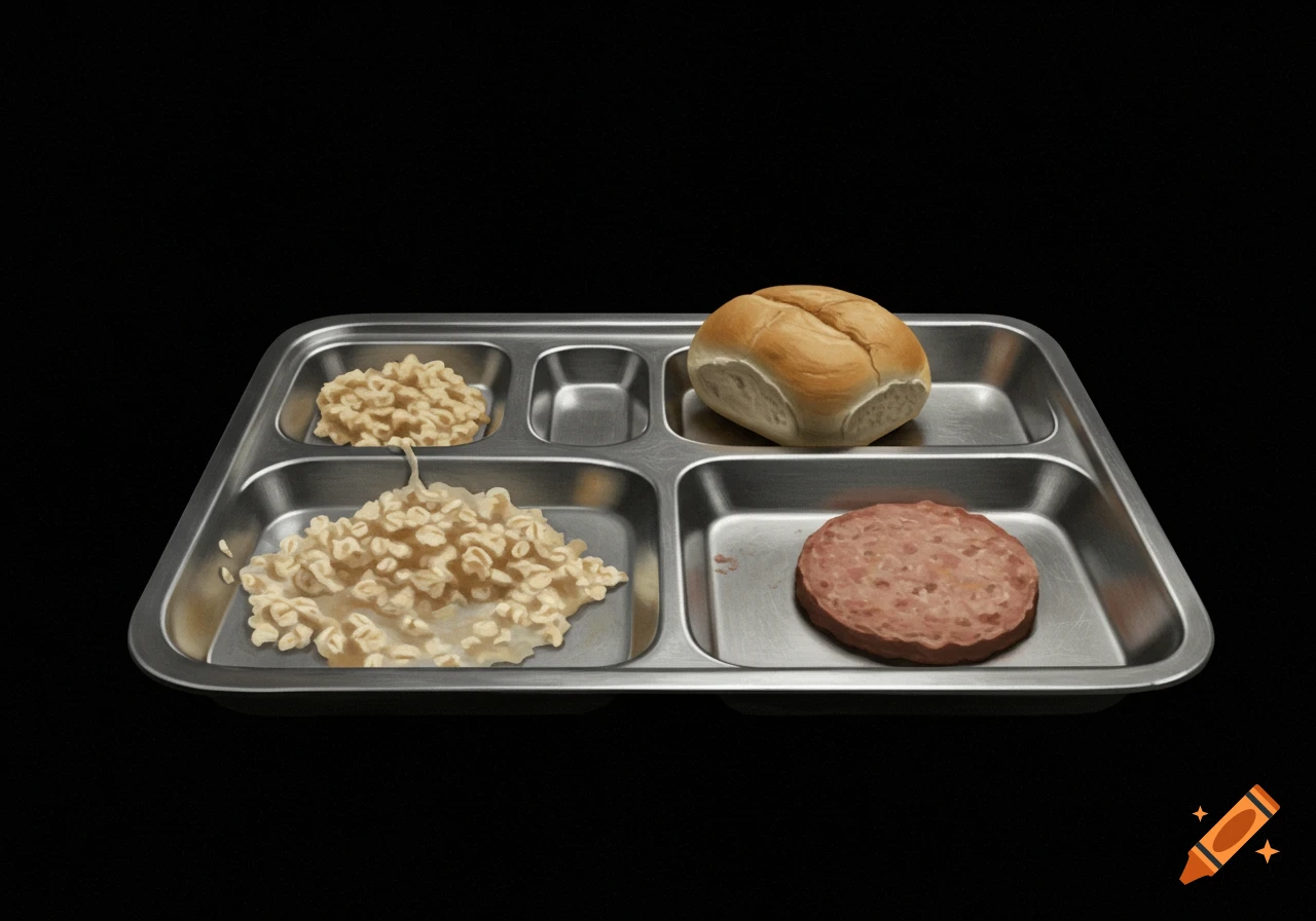 A metal prison tray holds a bread roll, a meat patty, and two portions of gruel on a black background.