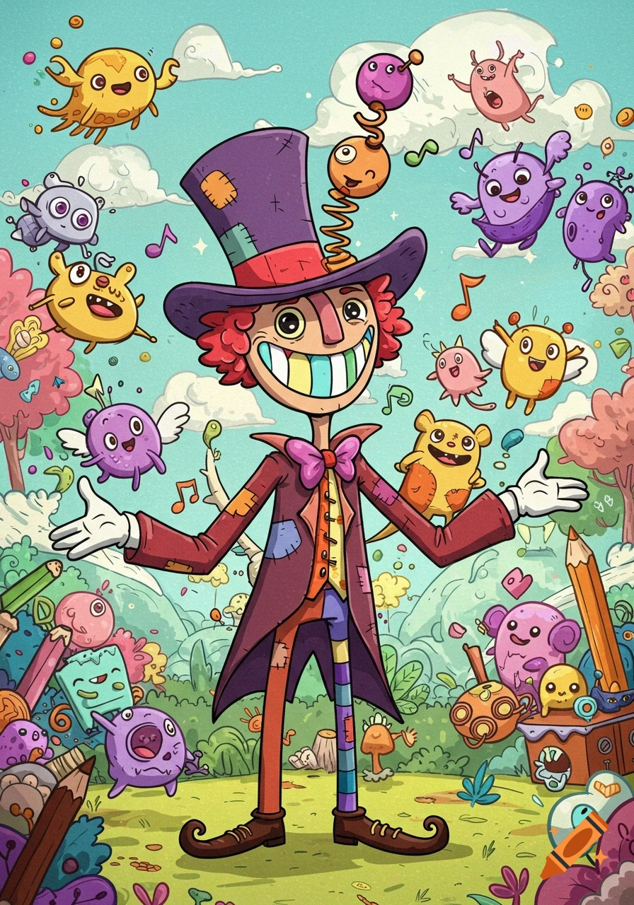 Whimsical cartoon illustration of a tall character with a patchwork suit and top hat, smiling broadly with colorful teeth, surrounded by flying, cute monsters and musical notes in a vibrant fantasy landscape.