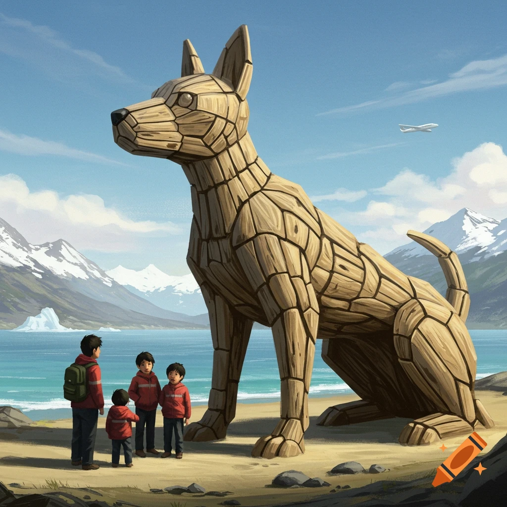 An adult and three children stand next to a giant wooden dog statue on a beach with snow-capped mountains and an airplane in the sky.