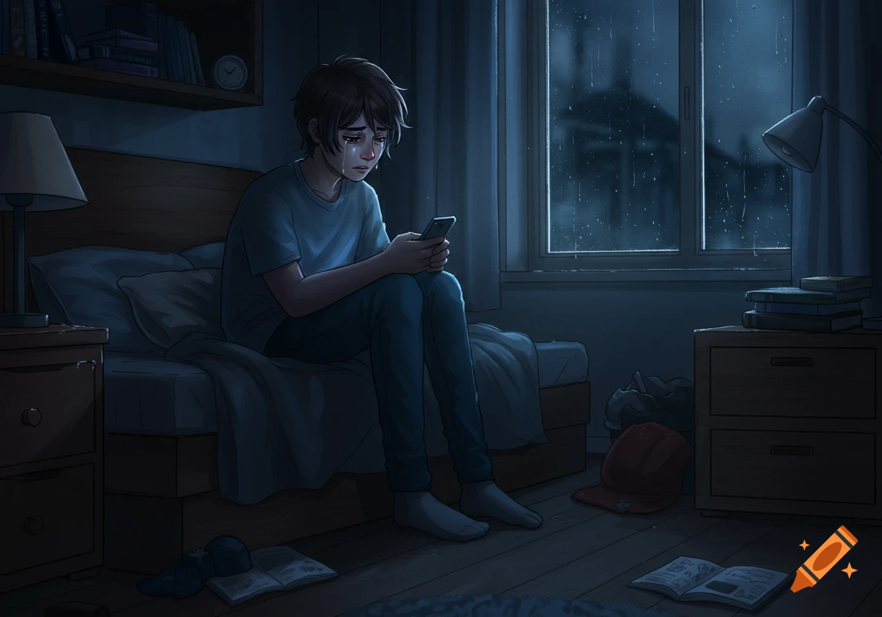 Anime illustration of a sad young person crying on a bed, holding a smartphone in a dark bedroom with rain outside the window.