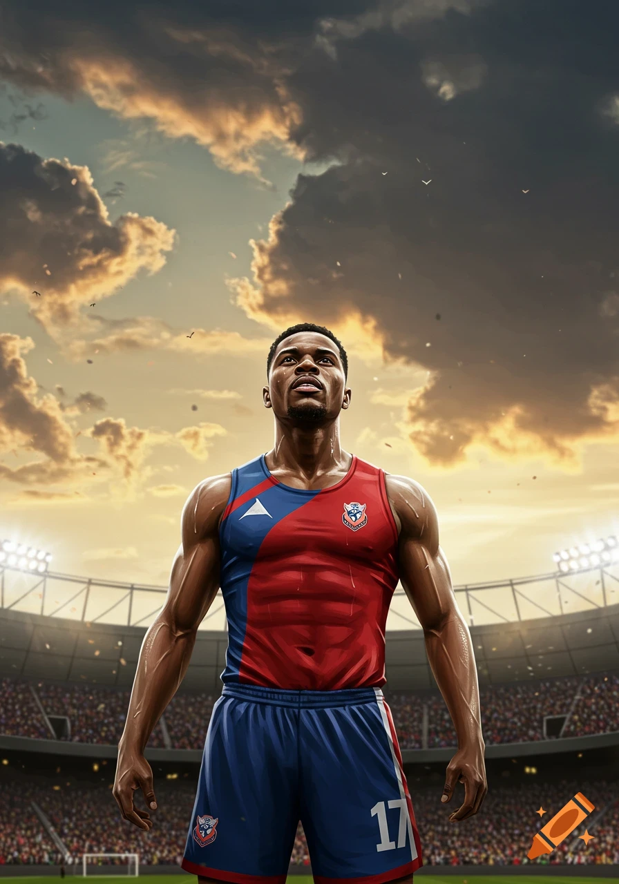 A muscular male athlete in a red and blue uniform with number 17 on his shorts, looks up confidently in a packed stadium under a dramatic sunset sky.