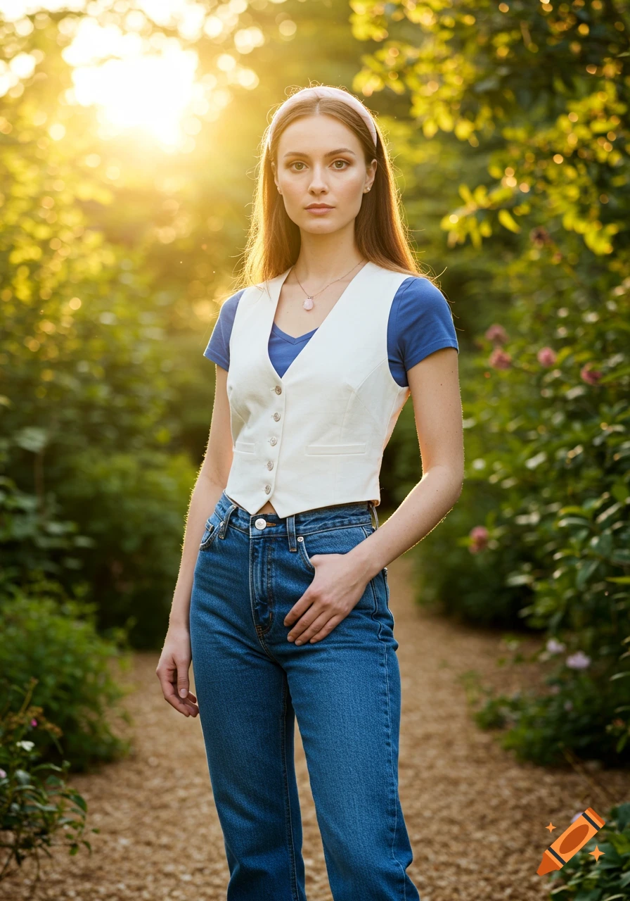 A young woman in a white vest, blue t-shirt, and jeans stands on a path in a sunlit garden, looking forward.