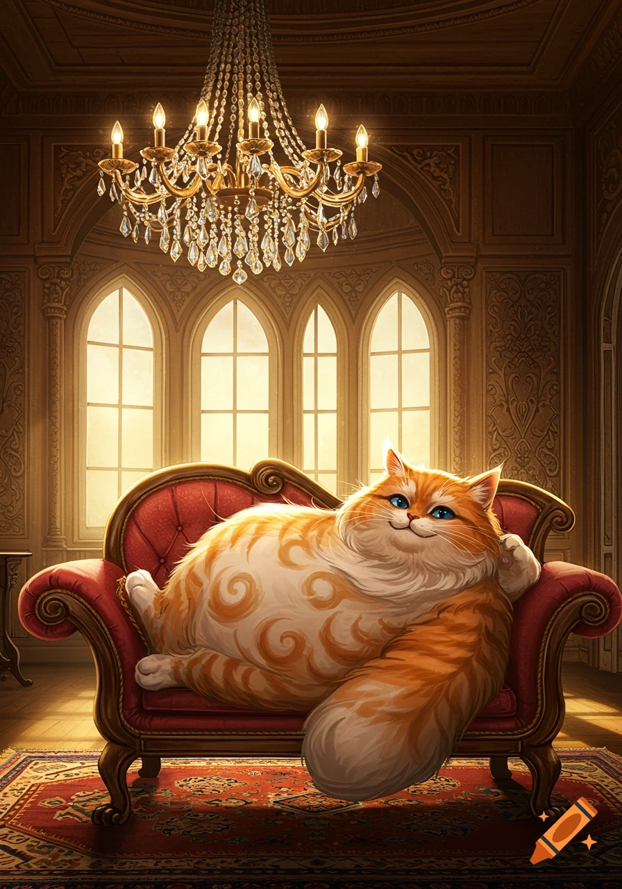 A portly, fluffy orange and white cat with blue eyes reclines on a red velvet chaise lounge in a luxurious room with a chandelier and arched windows.