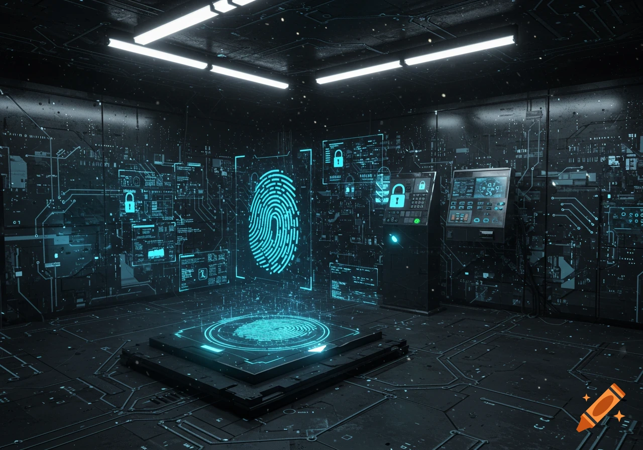 A dark, high-tech room with glowing blue circuit patterns on the walls and floor, featuring a large biometric fingerprint scanner.