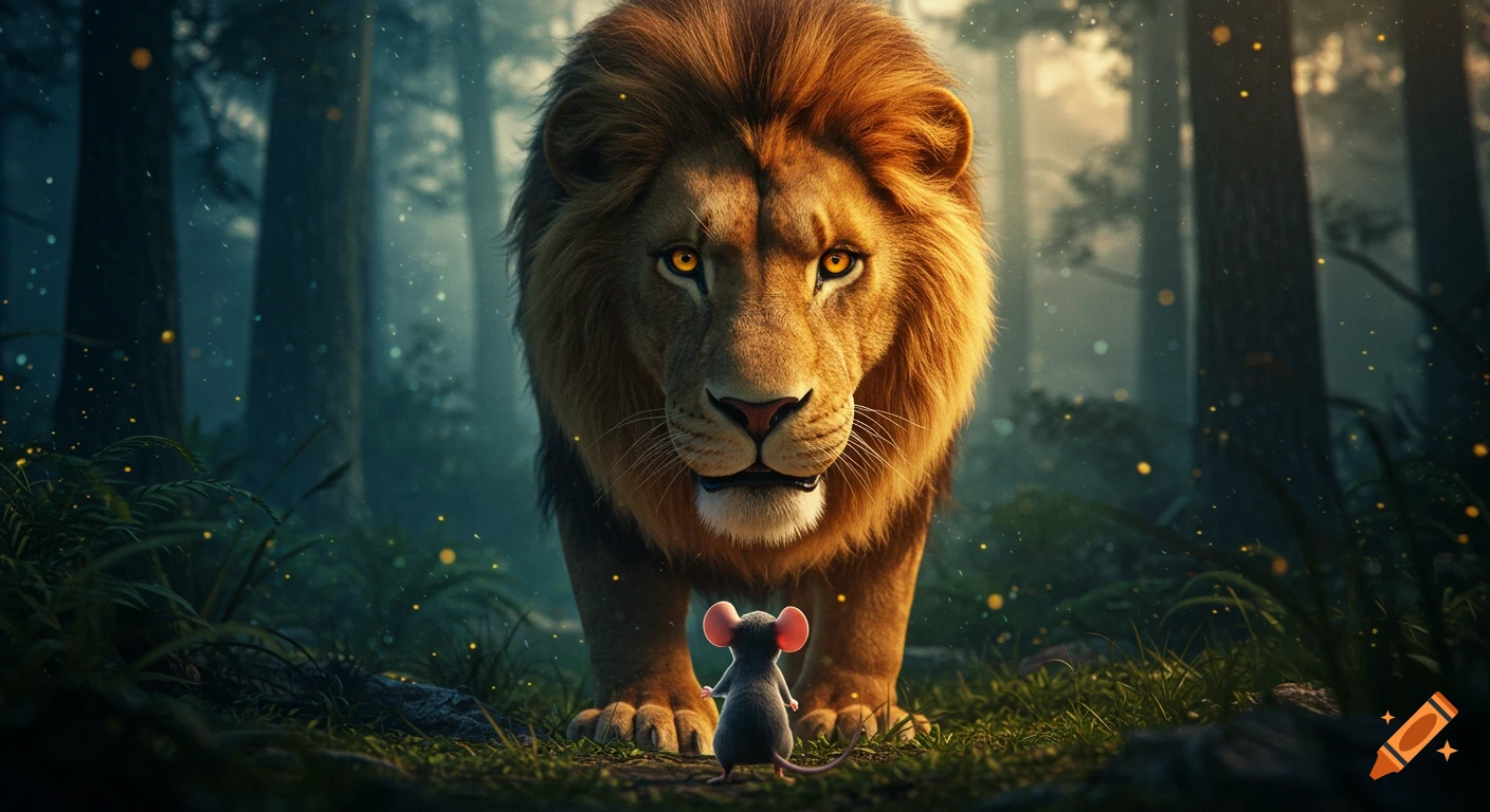A massive lion with glowing eyes confronts a tiny mouse in a dramatically lit, magical forest, rendered in a hyper-realistic 3D style.